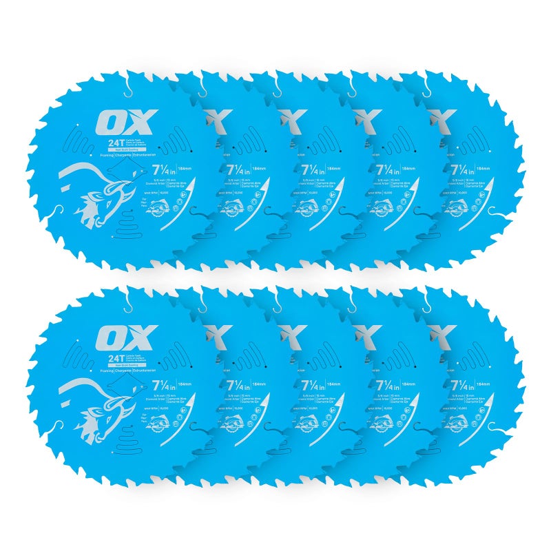 OX Pro 7 1/4 inch Circular Saw Blade for Wood Cutting - 24-Tooth Coated Saw Blade 10 Pack - Image 1